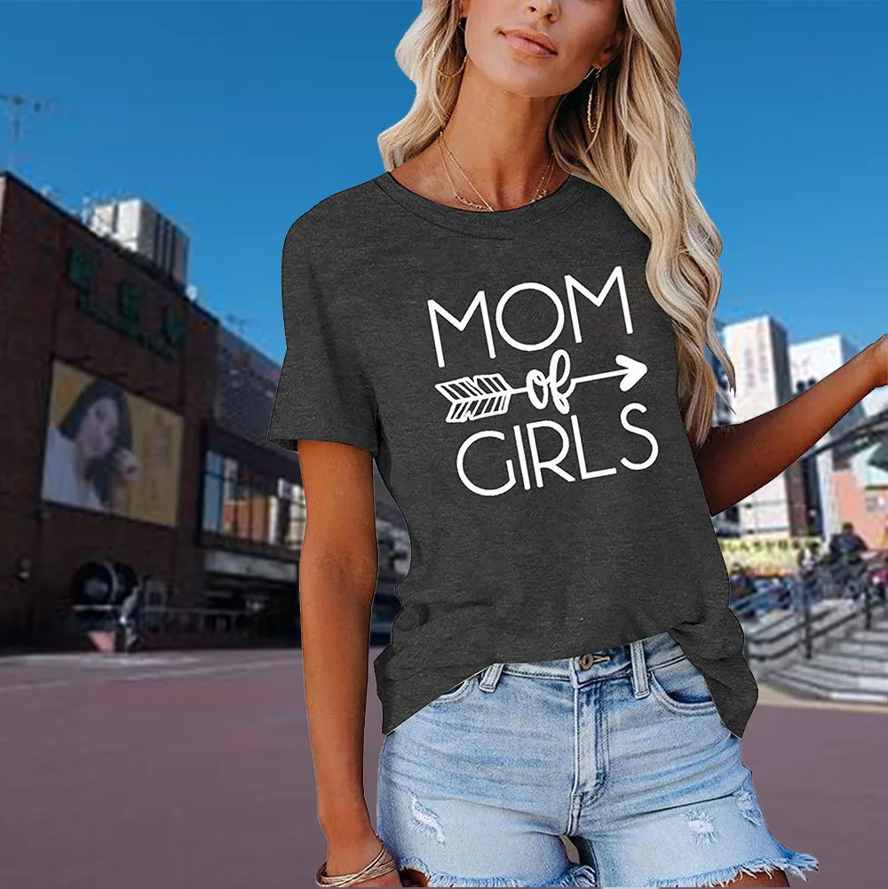 

MOM OF Girls Letter Print Women Mother's Day T Shirts Arrow Print Summer Oversized Vintage Tops Female Aesthetic Harajuku Shirts