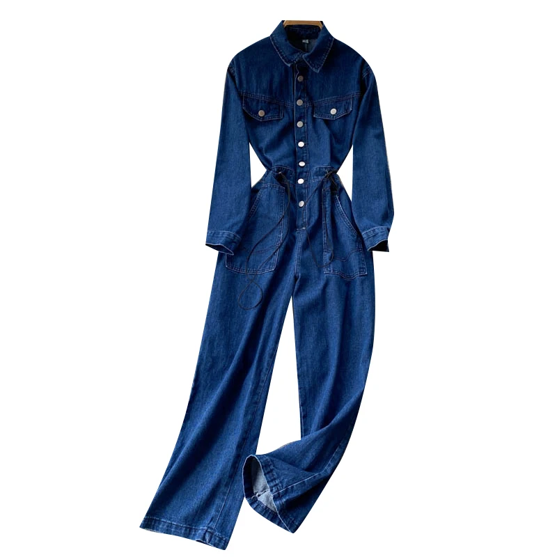 2021 Spring And Autumn New Denim Jumpsuit Women's Suit High-waisted Thin Temperament Tooling Wide-leg Jumpsuit Trend