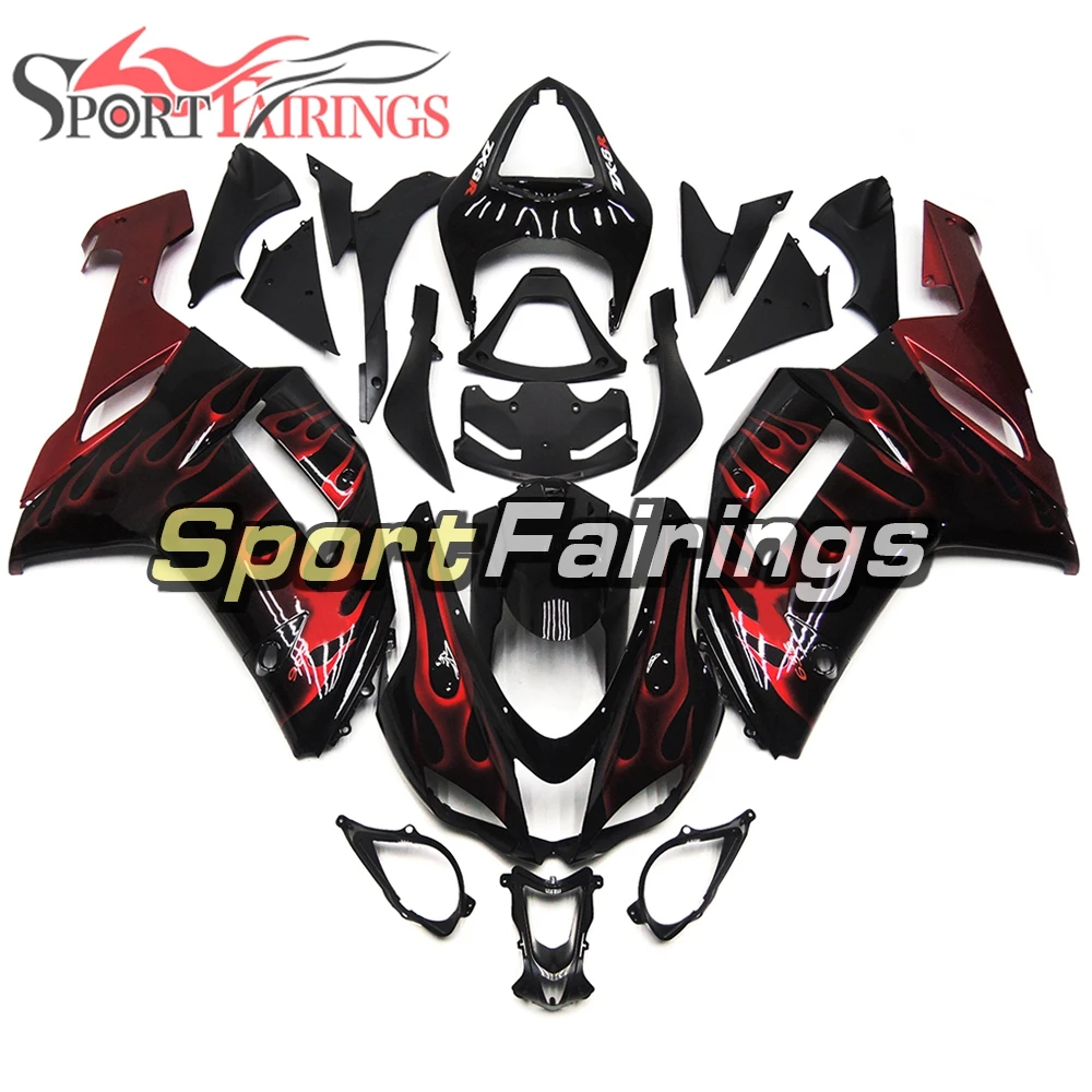

Black With Red Flames Motorcycle Full Fairings For Kawasaki ZX6R 636 2007 2008 ZX-6R 07 08 Ninja ABS Injection Bodywork US Stock