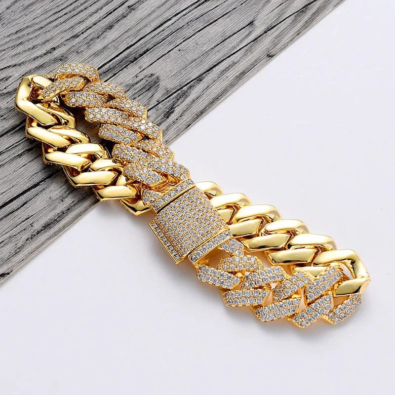 

13mm wide Hip Hop AAA CZ Stone Paved Bling Iced Out Square Cuban Miami Link Chain Bracelets Bangles for Men Rapper Jewelry Gold