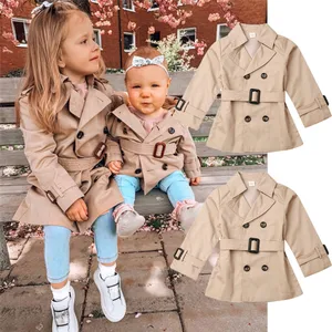 Girls Jacket Children's Double-breasted Lapel Trench Long Sleeve Coat Kids Winter Trench With Belt C