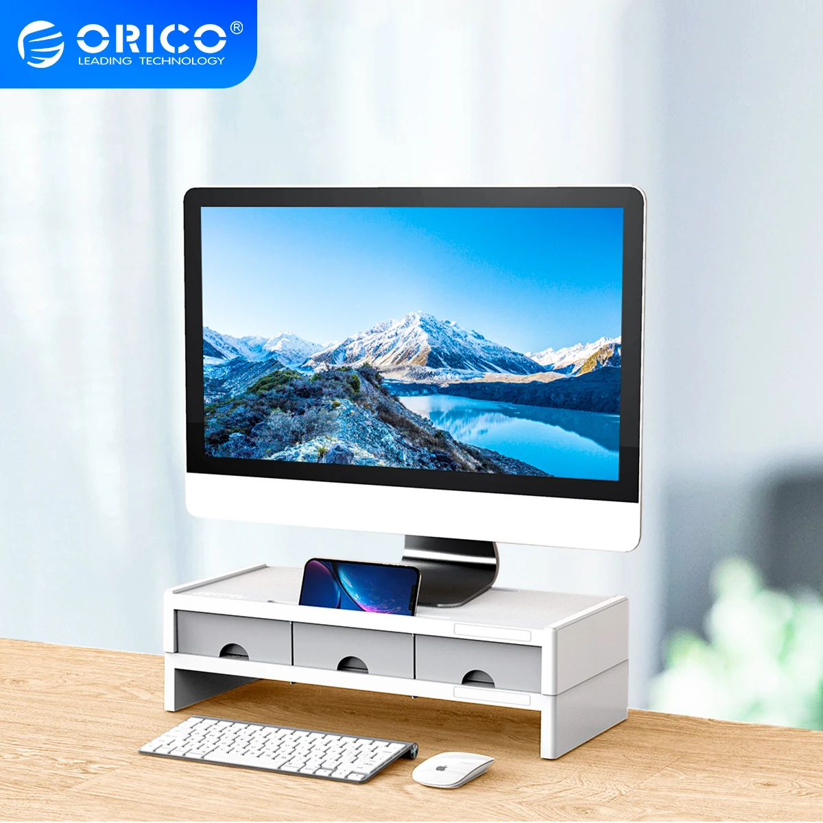 

ORICO ABS Computer Monitor Stand Riser Desktop Holder Bracket with 3 Drawer Storage Box Organizer Standing Desk for PC Laptop