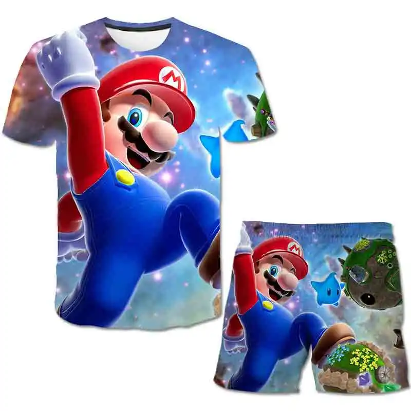 

Summer Boy suit Girl T-shirt New Cute Cartoon Mario 3D Printing T-shirt Baby Breathable Clothes 4T-14T Top + shorts 2-piece set