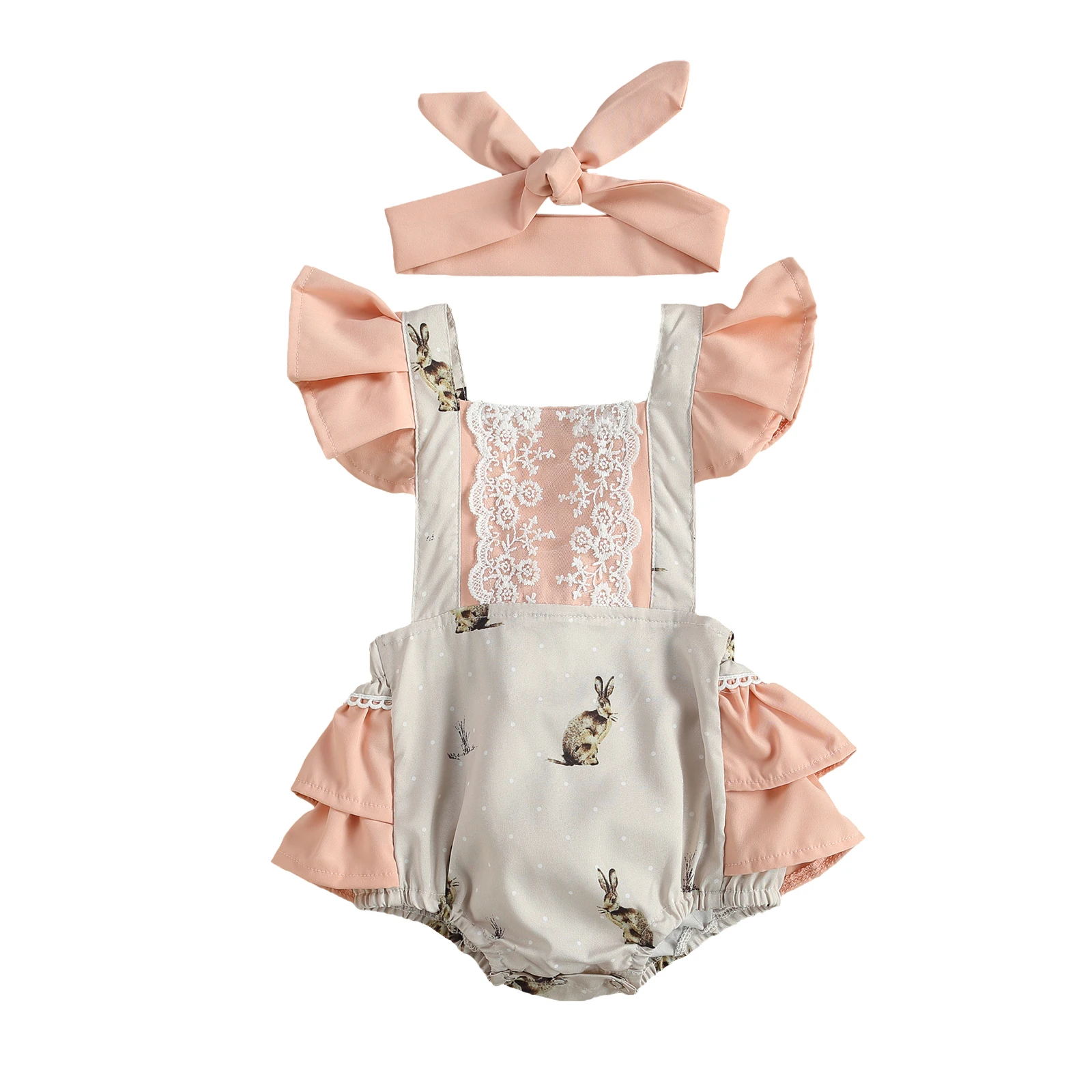 

0-24M Summer Lovely Baby Girls Bodysuits Easter Rabbit Print Lace Ruffles Short Sleeve Backless Jumpsuits