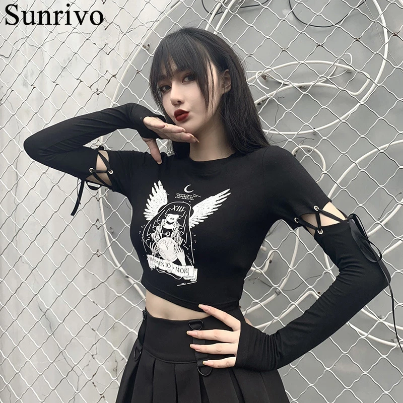 

Diablo Style Slim Exposed Navel T-shirt Female Ins Fashion Wild Lace-up Stitching Long-sleeved Top Female