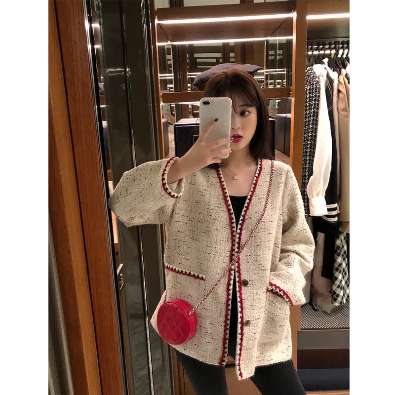 

Fashion 2020 Autumn Small Fragrance Women Coat New Retro V-neck Tweed Loose Vintage Elegant Jacket Outwear for Female