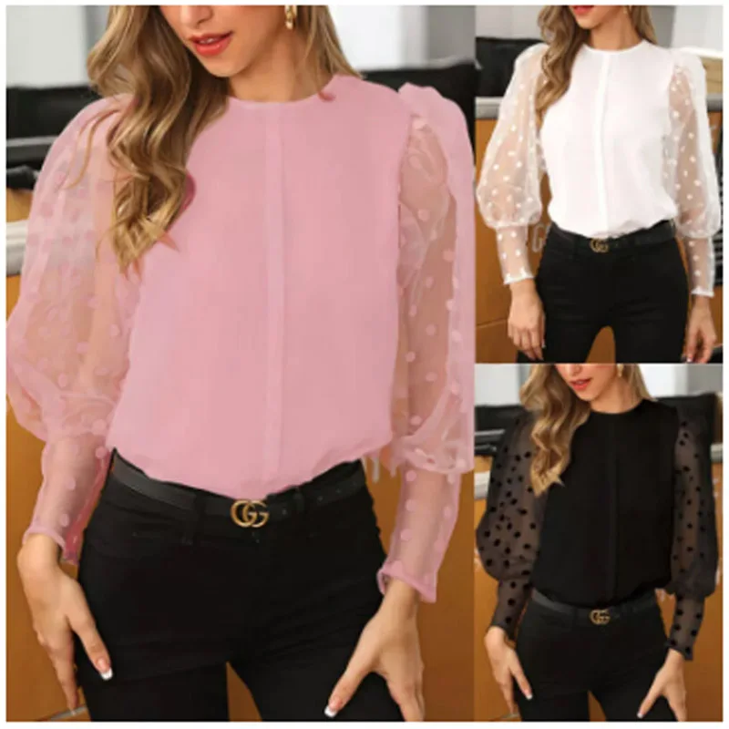 

Женская блузка в горошек, с круглым вырезом и длинным рукавом