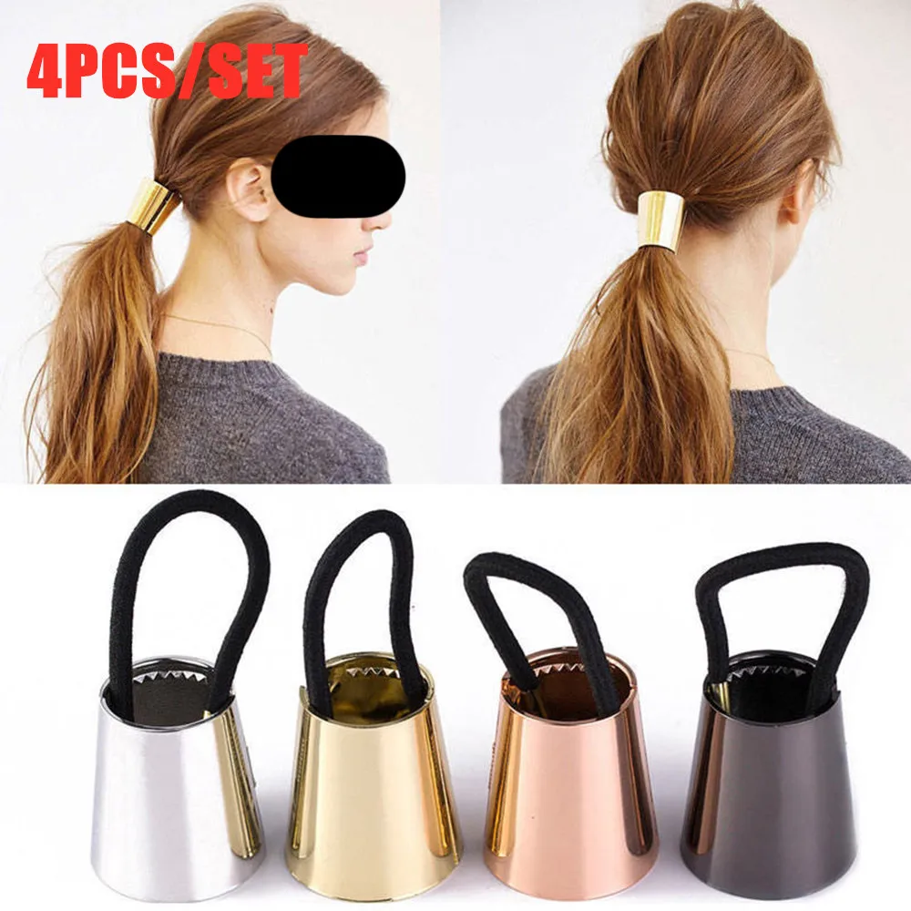 

4pcs/set Chic Hair Clip Woman Girls Metal Elastic Ponytail Holder Hair Cuff Wrap Tie Band Ring Rope