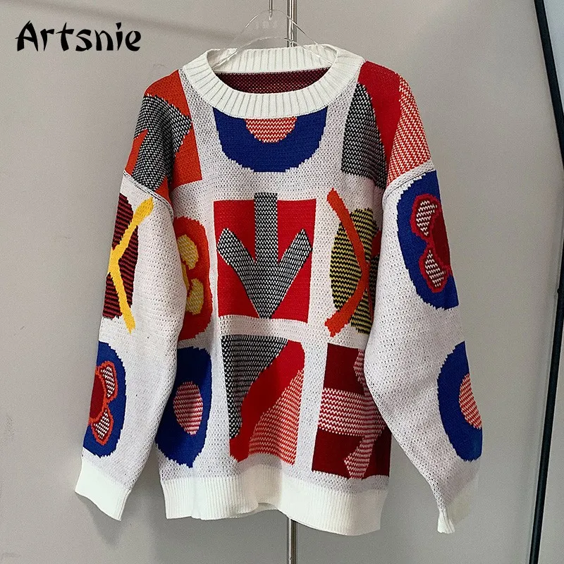

Artsnie sweet letter oversized sweater women winter 2020 o neck long sleeve pull femme hiver geometric vintage sweaters jumper