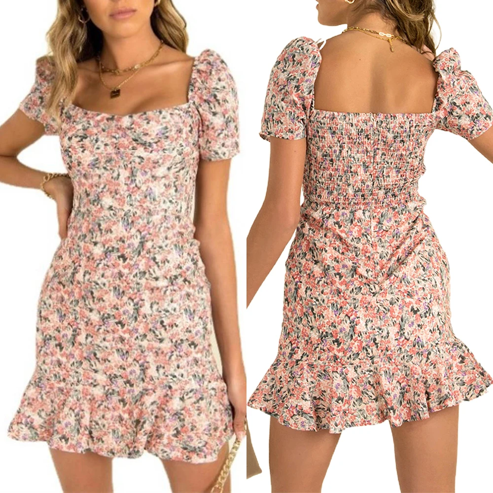 

Женское платье-футляр с цветочным принтом и квадратным вырезом, летнее женское мини-платье 2021, повседневные женские платья