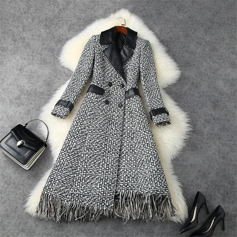 

2020 moda outono inverno turn down collar xadrez tassel tweed casacos de l longa mistura casacos casaco elegante outerwear