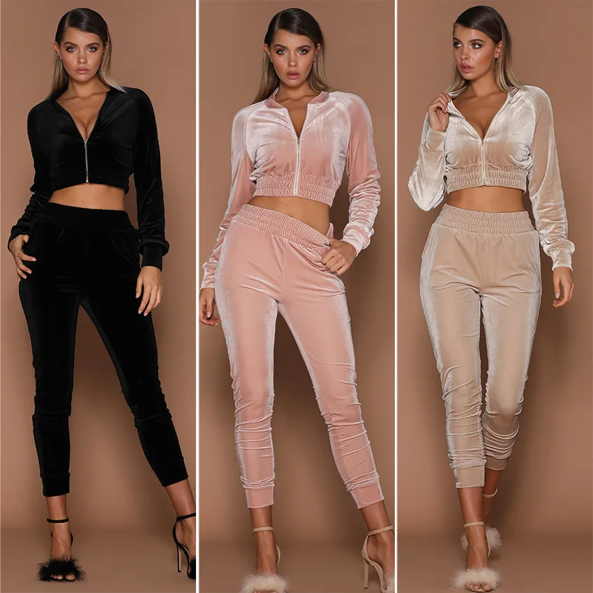 

2020 New Autumn Spring Women Sets Two Piece Suit Velvet Fashion Hoodies Casual Long-sleeved Casual Female Soild Navel Zipper