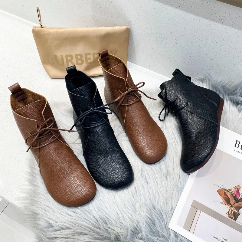 

Женские ботильоны из натуральной кожи на шнуровке, Винтажные ботинки ручной работы на платформе с круглым носком, 2021