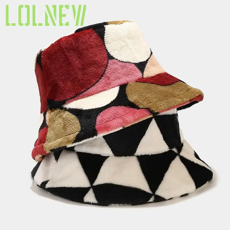 

Autumn and Winter Fisherman Hat Women's Tide Plush Warm Bucket Hat Geometry Printed Fashion Panama Hats for Men Women