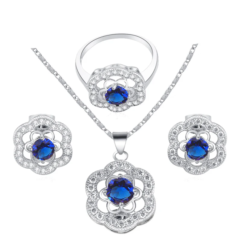 Top quality Blue flower Zircon Silver Fashion jewelry AAA zircon Jewelry Sets Earrings Necklace rings sz #7 #8 #9 JS554 | Украшения и
