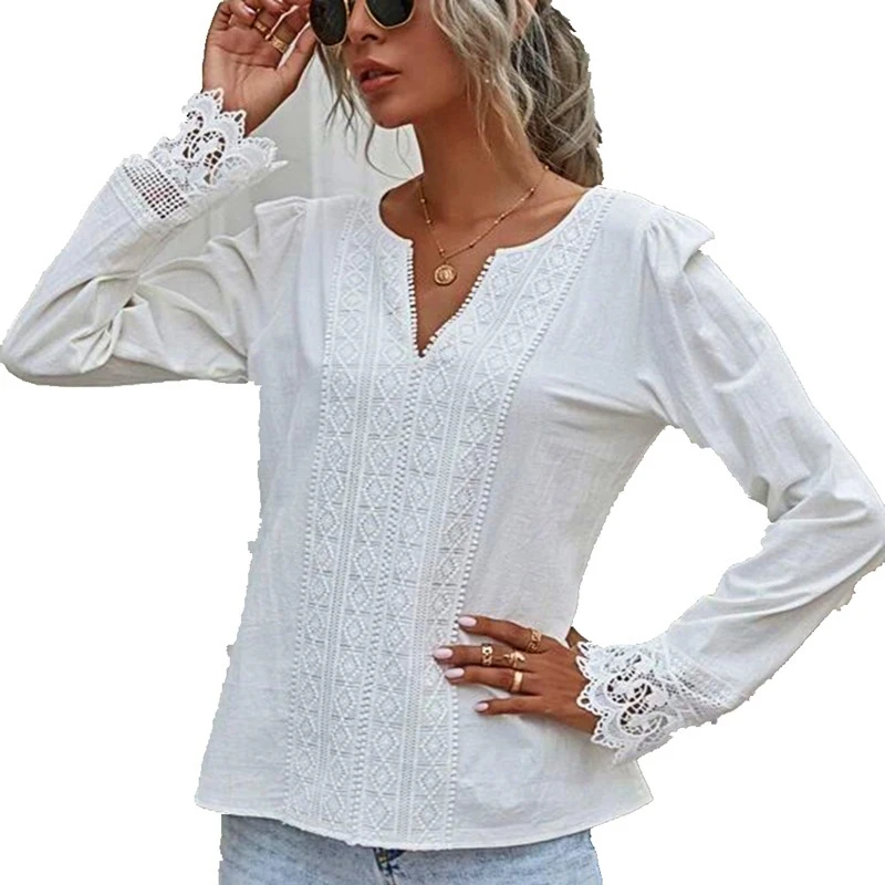 

Women Clothes Elegant Fashion Office Lady White Tops Women's Lace Long Sleeved Slim Shirts Ladies Casual Blouse Mujer Camisetas