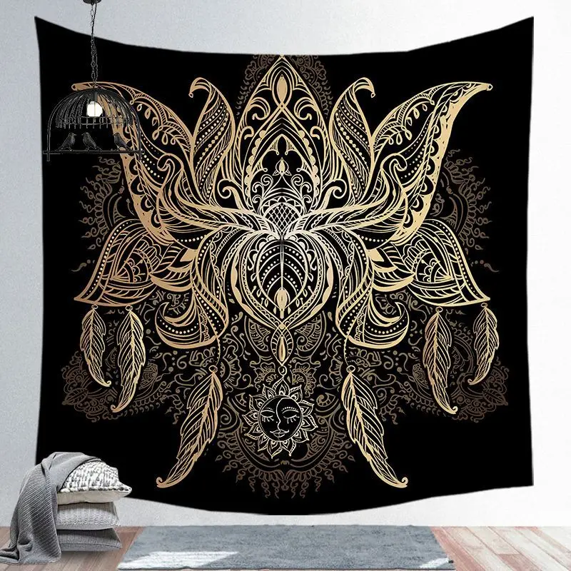 Мандаловый гобелен золотые узоры мандалы на черном фоне висят в гостиной