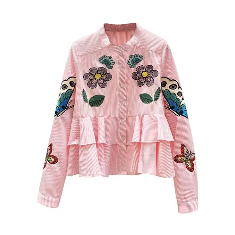 

Блузка женская с цветочной вышивкой, воланом и воротником-стойкой, весна 2021