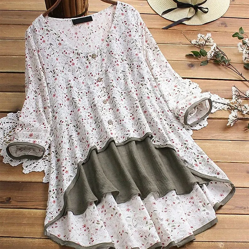

Plus Size Blouse Floral Print Women Casual Long Sleeve Loose Tunic Tops Printed Patchwork Shirts Femme Blusas M-5XL
