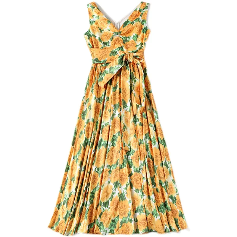 

Women Summer Designer Elegant Sleeveless V-Neck Ruched Sexy Slim Casual Party Robe Ladies Vintage Floral Print Big Swing Dress