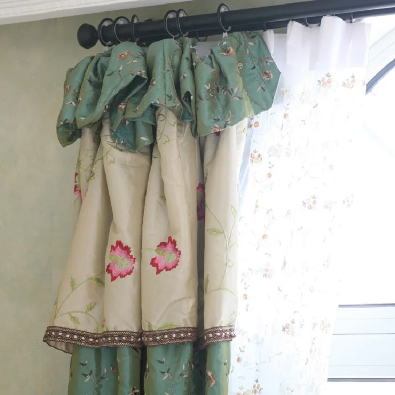 

Classical Rose Embroidered Silk Like Window Curtain for Living Room Bedroom Green Luxury Curtains cortinas