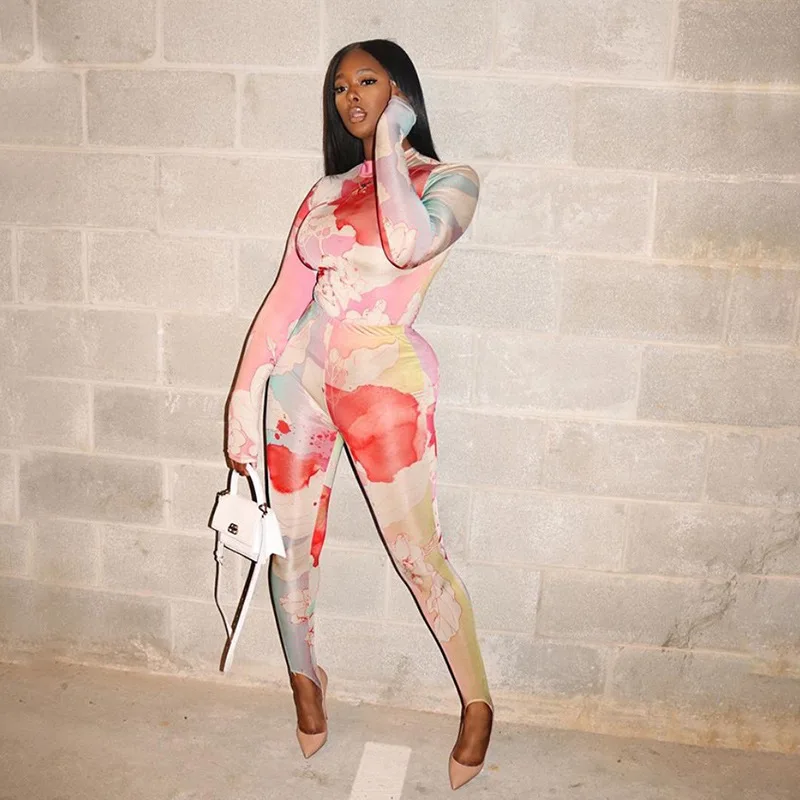 

Autumn Printed Women Street Long Sleeve Casual Jumpsuits Tight Rompers Bodycon Bodysuits Tracksuit Workout Suits Outfits