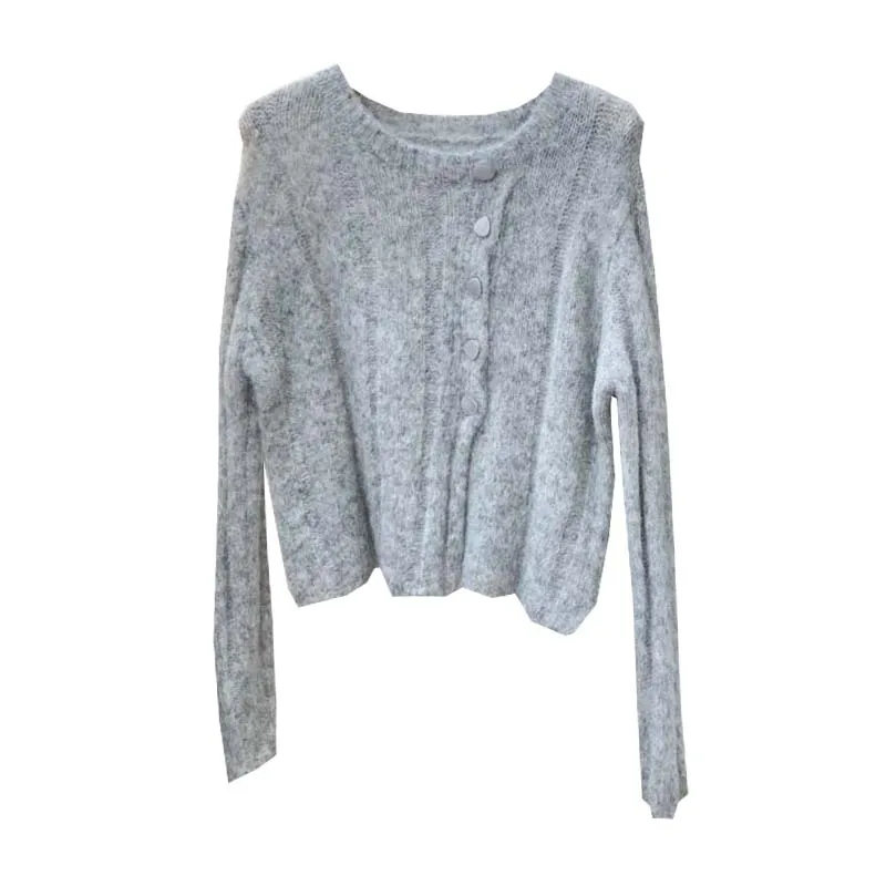 

Solid Knitted Women Sweater Pullovers O-Neck Button Long-Sleeved Short Empired Elegant Lady Pulls Outwear Tops