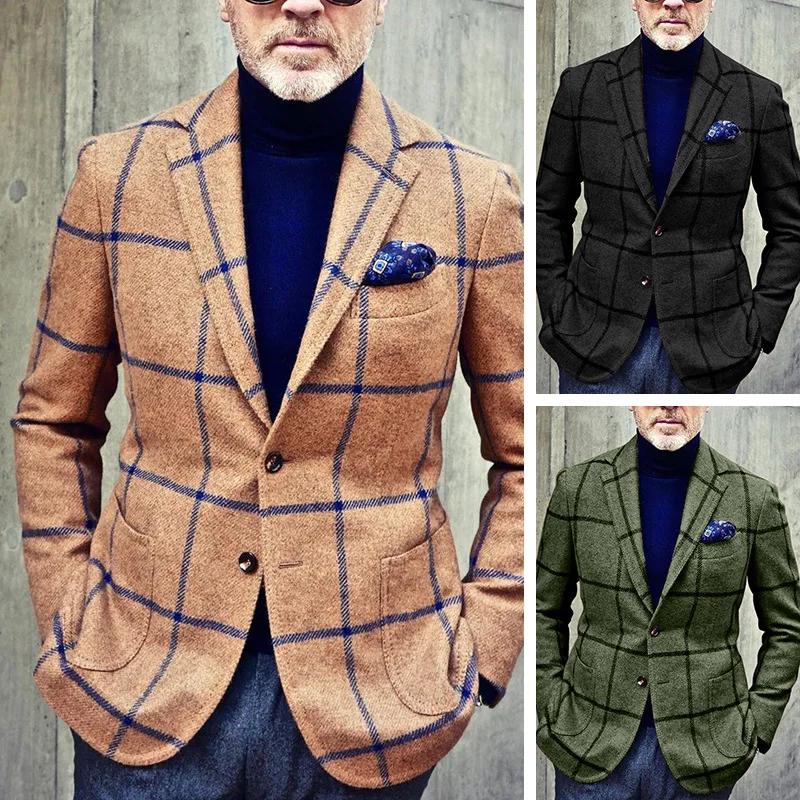 

European and American Fashion Male Coats Single Breasted Slim Fit Plaid Suit Tops Business Men's Casual Blazer Jacket Outerwear