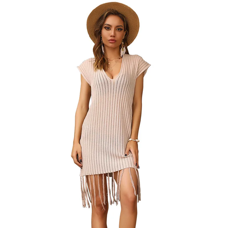 

Hollow Out sexy dress Loose tassel short-sleeved V-neck Solid summer dress2021 Fly sleeves Women's knitted sun protection blouse