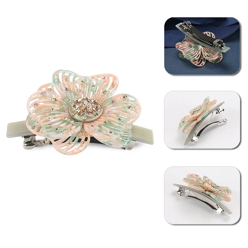 

Hollow Through Blooming Flower Hair Barrettes Clips Acetate Rhinestone Embellished Hair Clip for Women