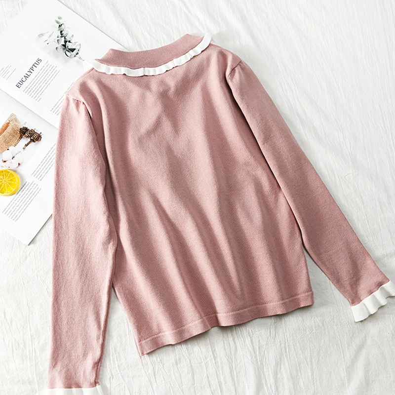 Женский милый Однотонный свитер осенний с рукавом-бабочкой Повседневный вязаный