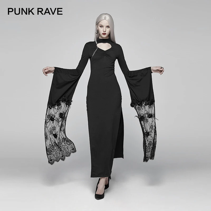 

PUNK RAVE New Gothic Kimono Sleeve Flowers Decorated Long Dress Sexy Opening Fork Stretch Knitted Women Party Maxi Dress
