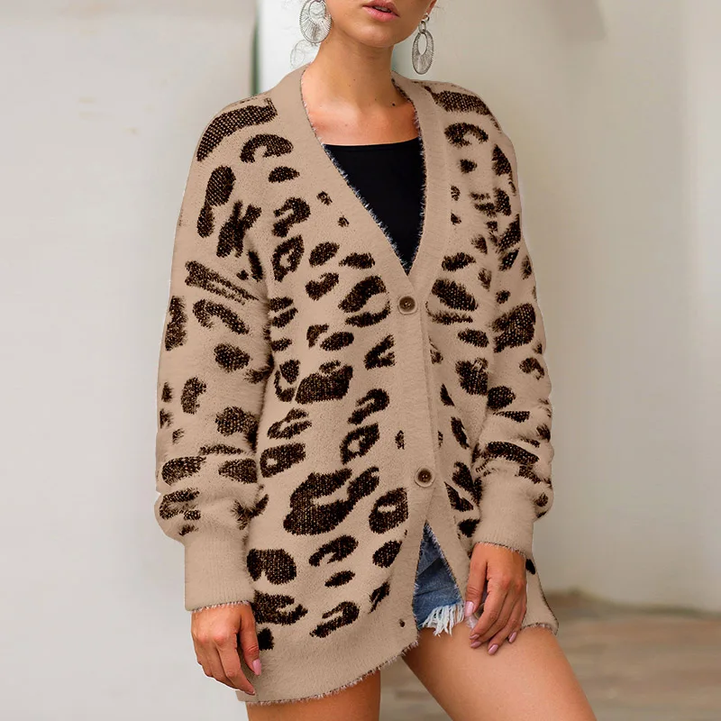 

Mid-long Length Leopard Print Faux Mane Cardigan Sweater Women Autumn Spring Knit Jumper Casual kimono