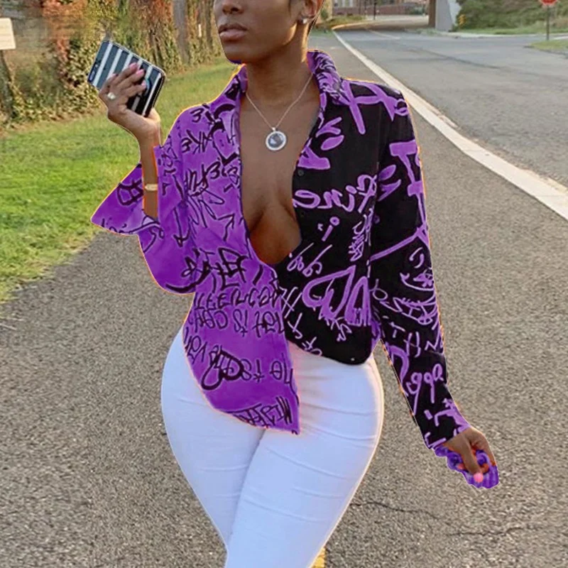 

Women Shirts Long Sleeve Letter Print Graphic Blouse Summer Fashion Orange Green Purple Yellow Pink Oversized Womens Tops