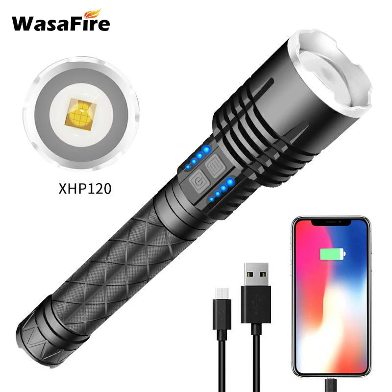 

Powerful XHP120 Flashlight Aluminum LED Lantern Zoom Tactical Torch 5 Modes Portable Spotlight Camping Searchlight