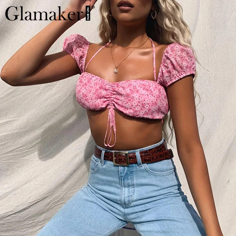 Женский укороченный топ с цветочным принтом Glamaker розовый винтажный на