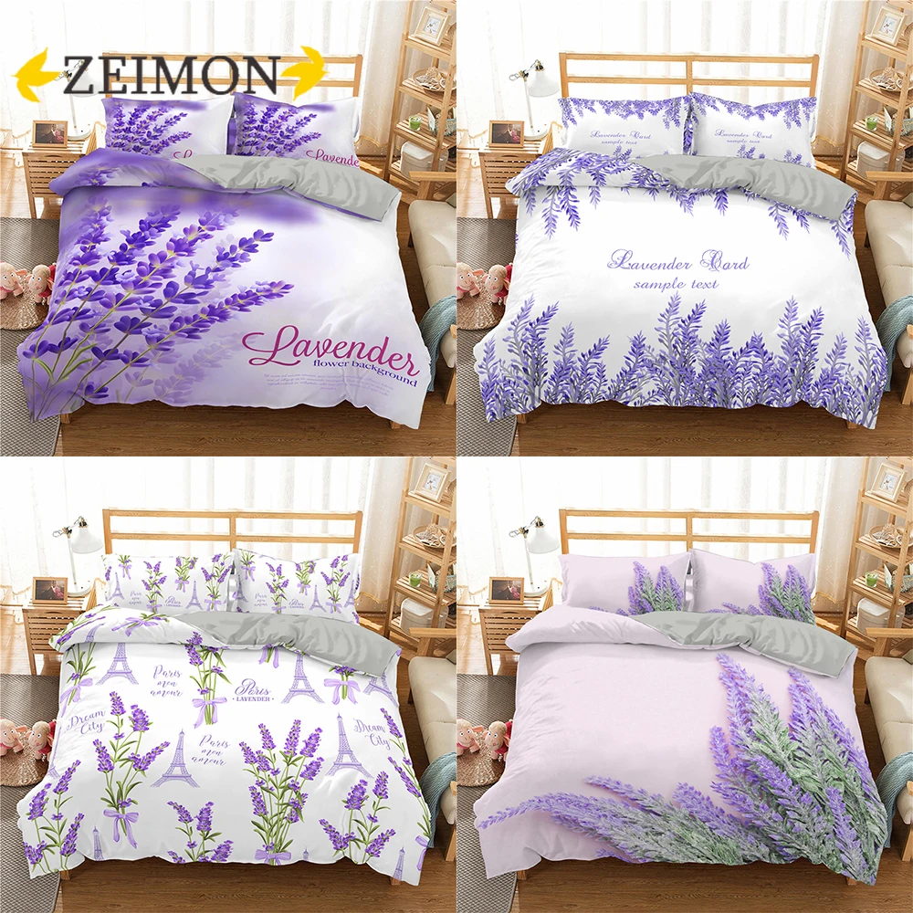 ZEIMON Lavender Flower Bedding Set Purple Duvet Cover King Queen Size Quilt Cover Adult Child Bedclothes Comforter Cover 2/3Pcs