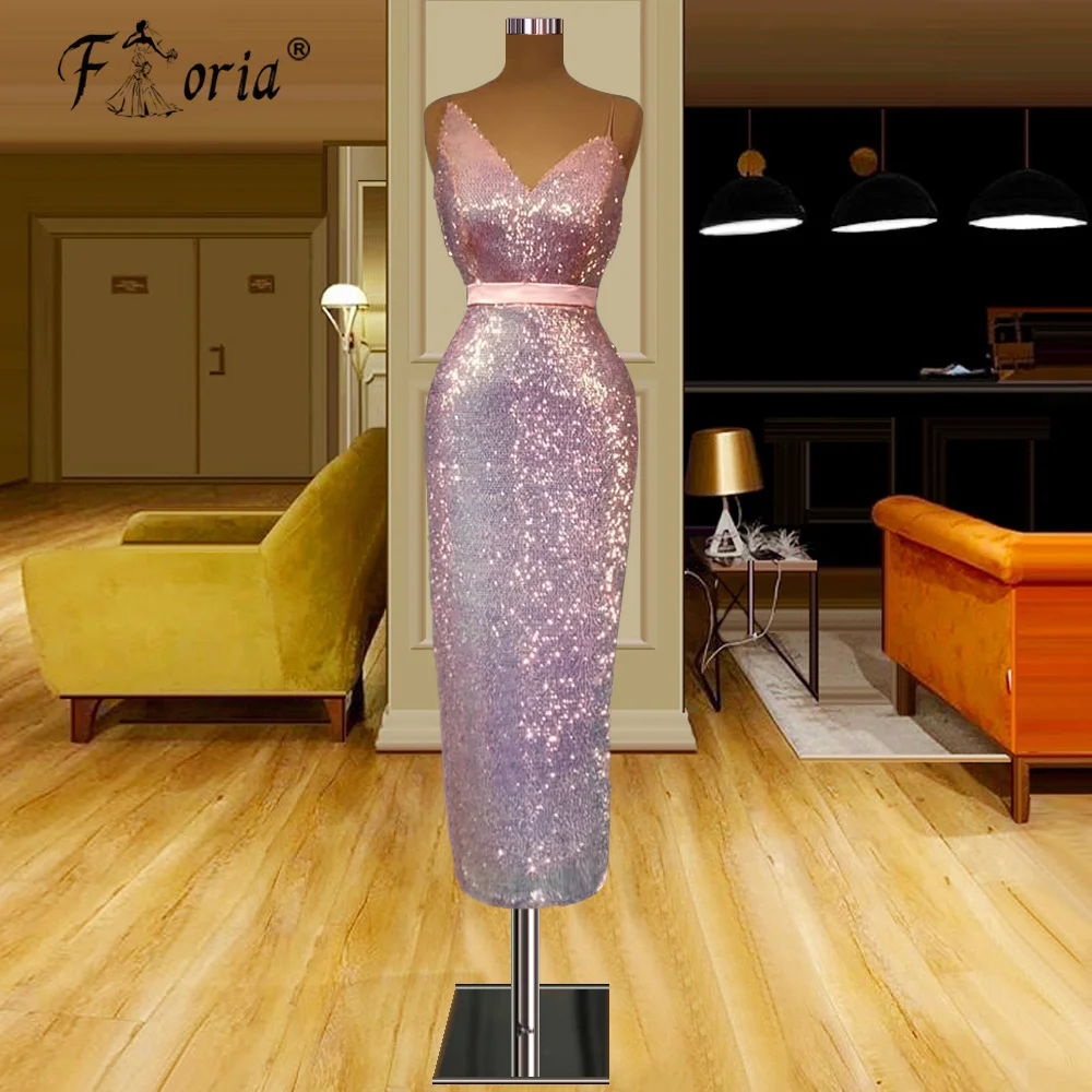 

Блестящее розовое платье для выпускного вечера без рукавов с блестками и V-образным вырезом, вечерние платья до середины икры, блестящее официальное платье для вечеринки, коктейльное платье