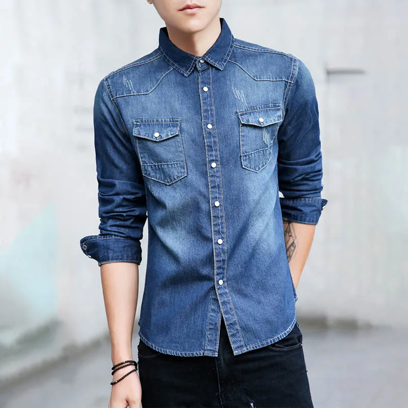 Осень весна новые классические простые повседневные джинсы рубашки с длинными