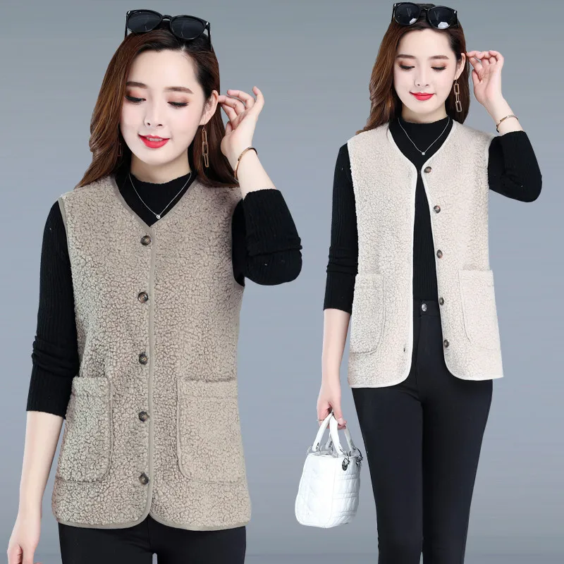 

Overcoat Coat Waistcoat Women Warm Jacket Wool Sleeveless 6XL Shaggy Autumn Winter Fleece Lamb Breasted Outwear Vest Single 5XL