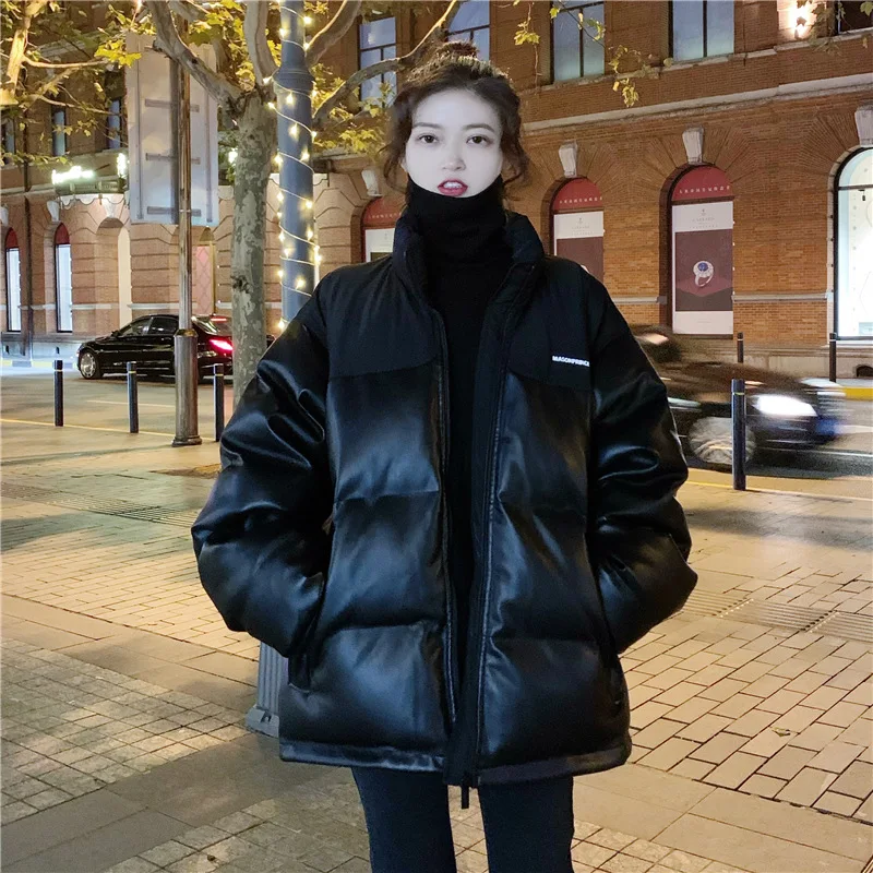 

Women's Thick Coats Tide Autumn and Winter 2020 Fashion New Casual Long Leather Black Warm Overcoats Thick Cloth Bubble Jackets