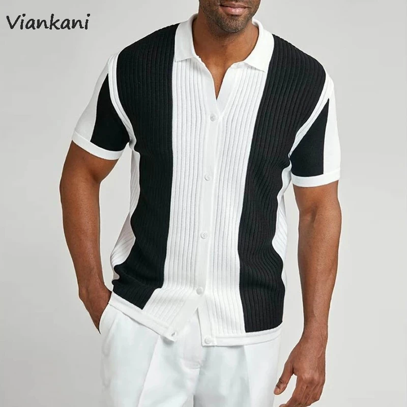 

Men's Shirts Summer 2022 New Single-breasted Striped Color Matching Blouse Fashion Printed Short Sleeve Men Shirts