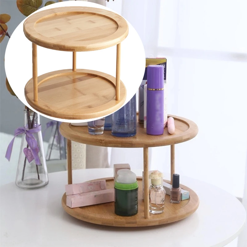 

Round Bamboo Turntable Cabinet Organizer 2 Tier Spice Rack Removable Organizer