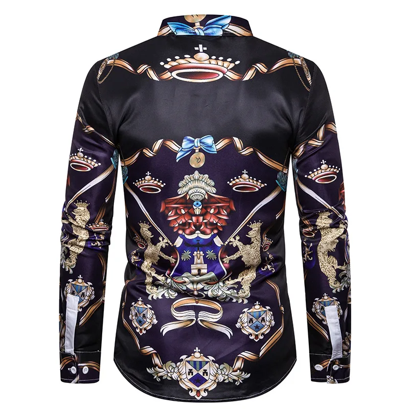 Luxury Royal Mens Shirts Casual Slim Fit Cross Gemstone Printed Long Sleeve Slim Fit Chemise Homme Men Prom Party Tuxedo Shirt