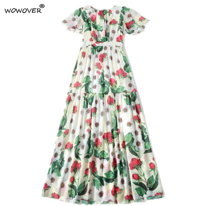 

Elegant Lady Short Sleeve Floral Print Chiffon Runway Long Maxi Bohemian Beach Dress Summer Women Robe Holiday Party Vestidos