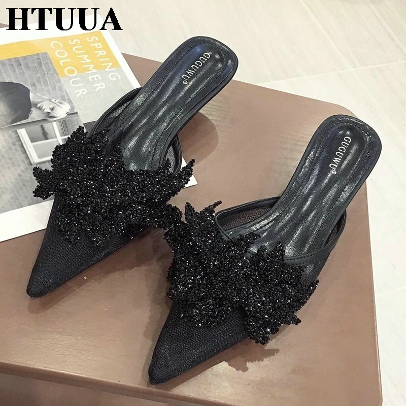 HTUUA/Коллекция года; сезон весна-лето; туфли без задника с острым носком, расшитые блестками; женские шлепанцы на маленьком каблуке; женская обувь; элегантные босоножки; SX2887