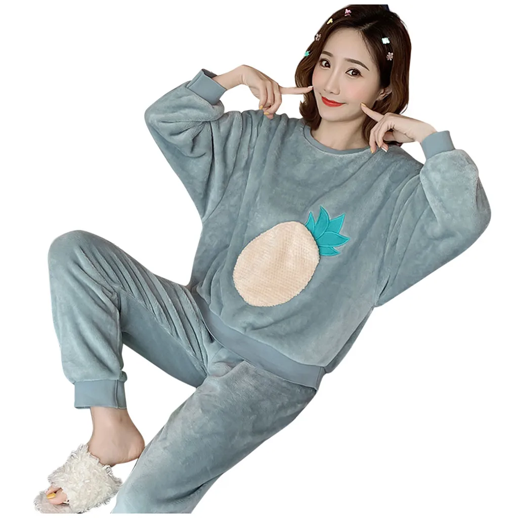 pajamas for women pineapple Women Long Sleeve Flannel Shirt Pant Pajama Sleepwear Nightwear Sets Clothes#3
