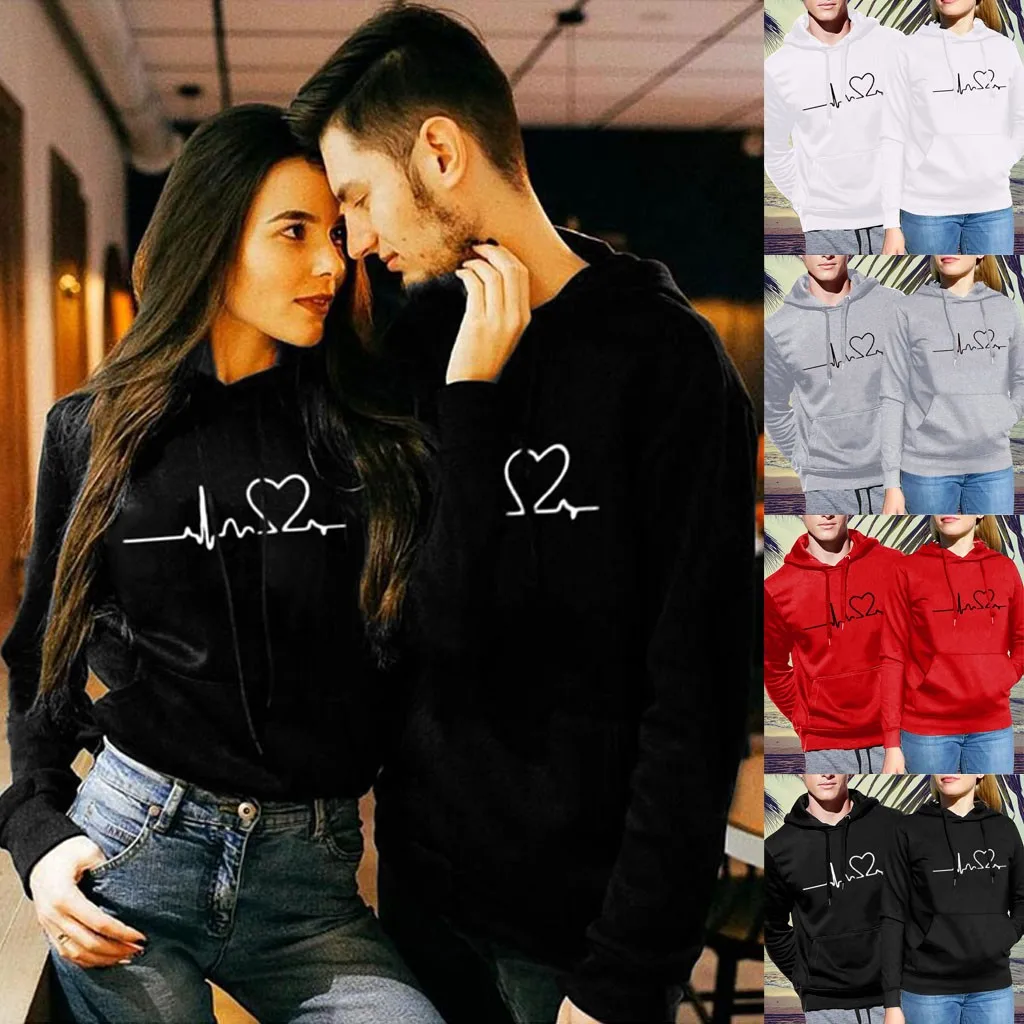 

S-3XL Winter Warm Hooded Pullover Men's And Women's Valentine's Day Heartbeat pulsation Print Loose Sweatshirt