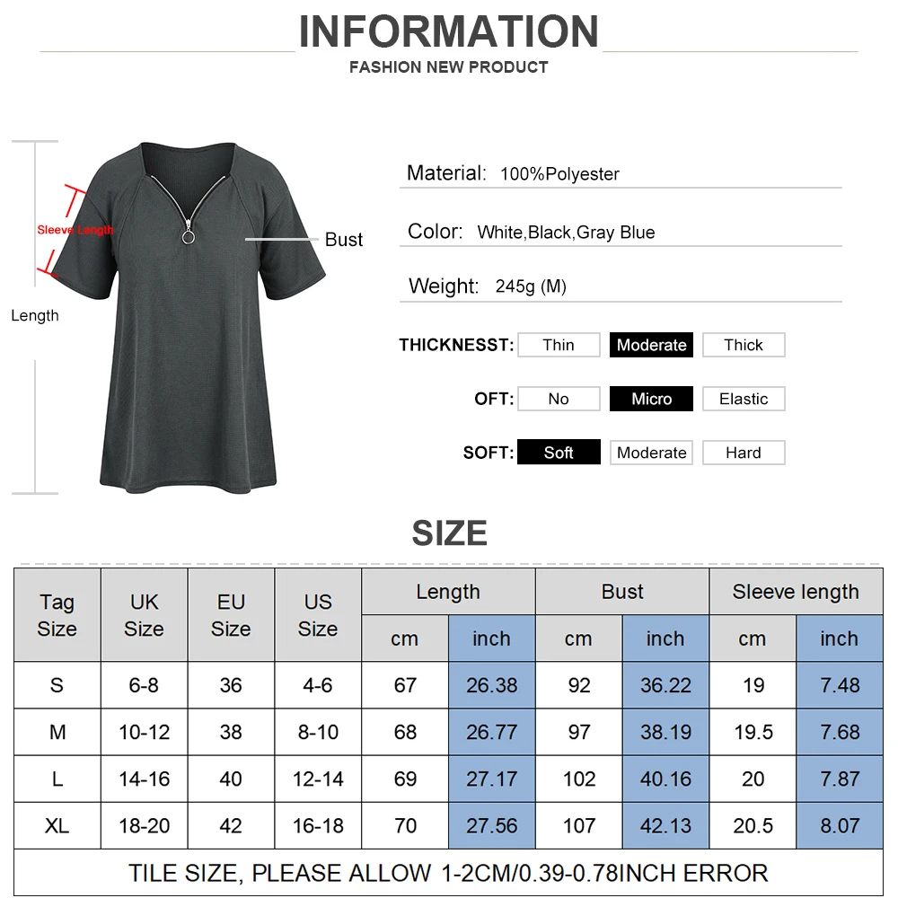 

Summer V Neck Zipper T Shirt Women Casual Short Sleeve Tops T-shirt Female Clothes Ladies Solid Knitted Loose Basic T shirt D30