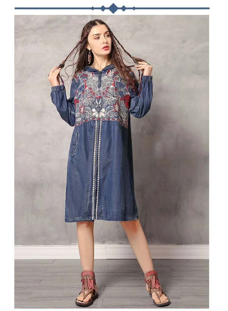 Тренч Yuzi. Мая Boho новые женские джинсовые куртки с капюшоном винтажные длинные пальто на молнии с вышивкой B9286 Casaco Feminino